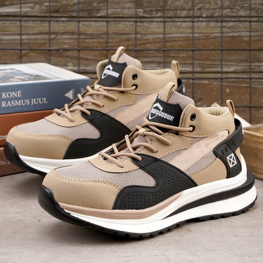 Anti-smashing and anti-penetration labor protection shoes with closed steel toe, flat knitted uppers, and rubber soles, ideal for construction sites.