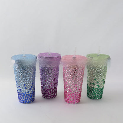 Stick-on Crystals Double-layer Large Capacity Cup With Straw