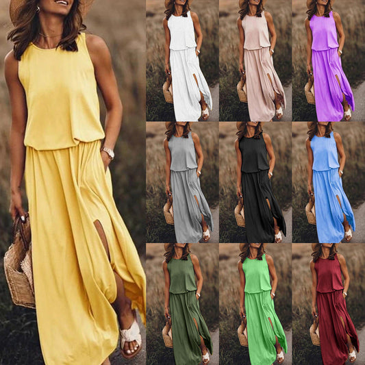 Round neck sleeveless split dress in various colors with wide waist design.