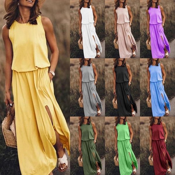Round neck sleeveless split dress in various colors with wide waist design.