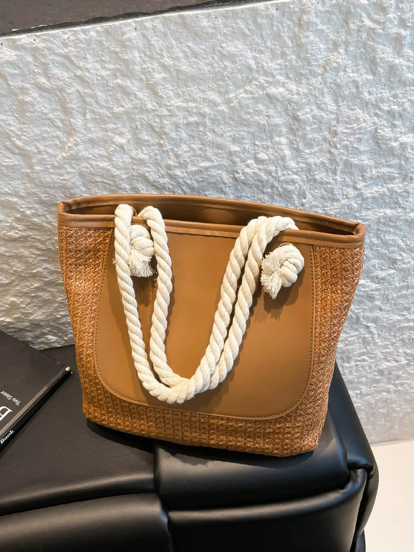 Medium rope handle straw tote bag with polyester accents and white rope handles