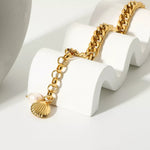18K gold-plated freshwater pearl shell bracelet with stainless steel chain and shell charm