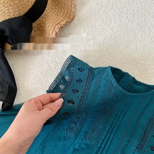 Girls' Summer Green Mesh Stitching Sleeveless Lace Vest Dress