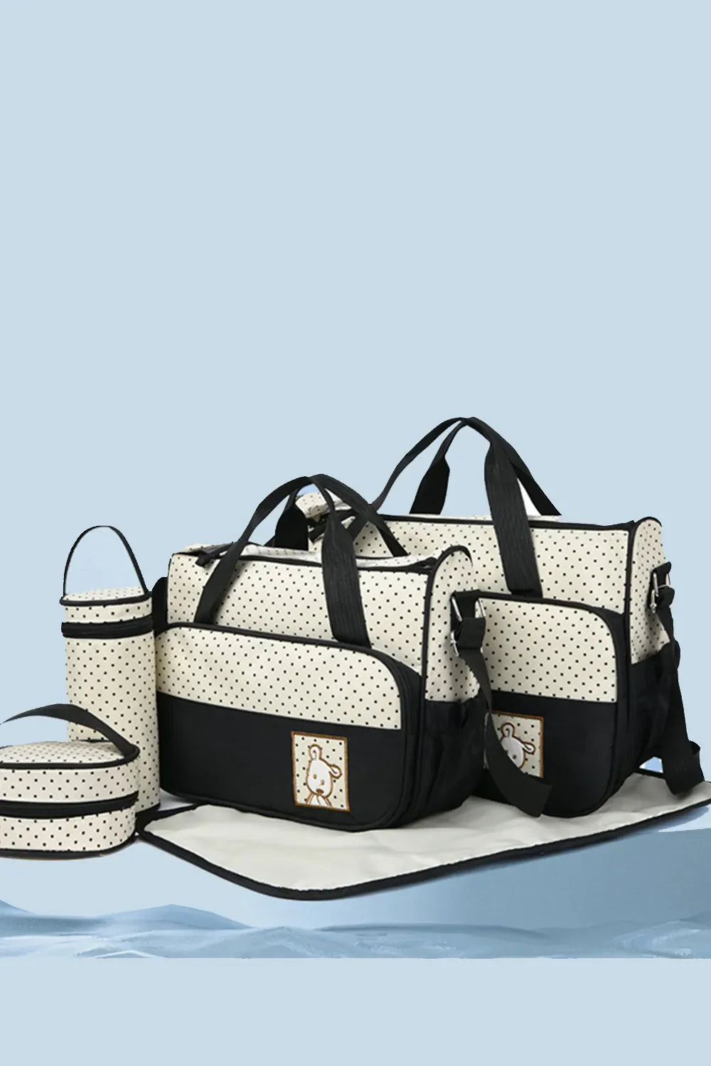 Oxford Cloth Contrast 4 Piece Bag Set in black and white polka dot design with various sized bags including tote and bottle bag