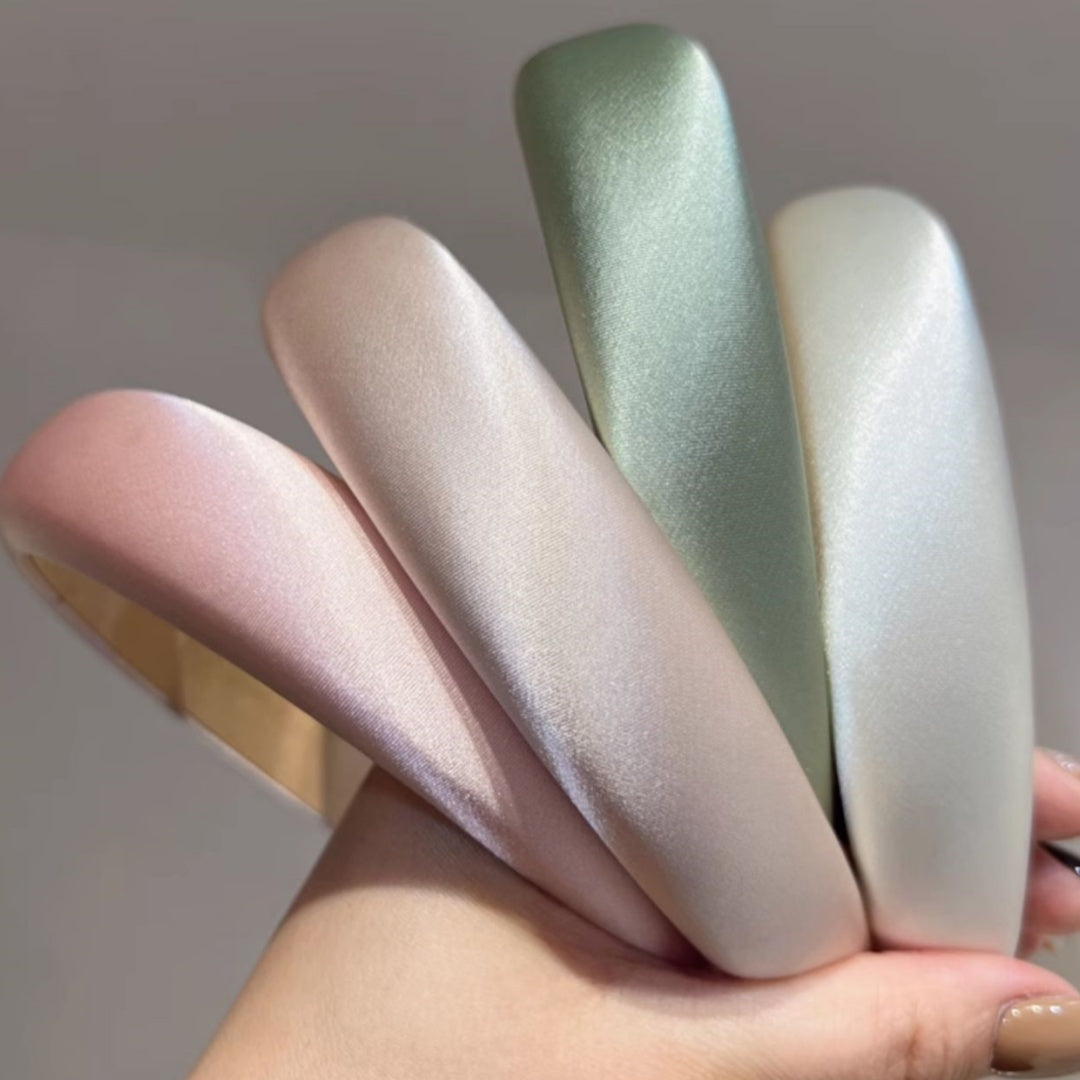 Silk-like glossy texture champagne mint headband in retro French style.