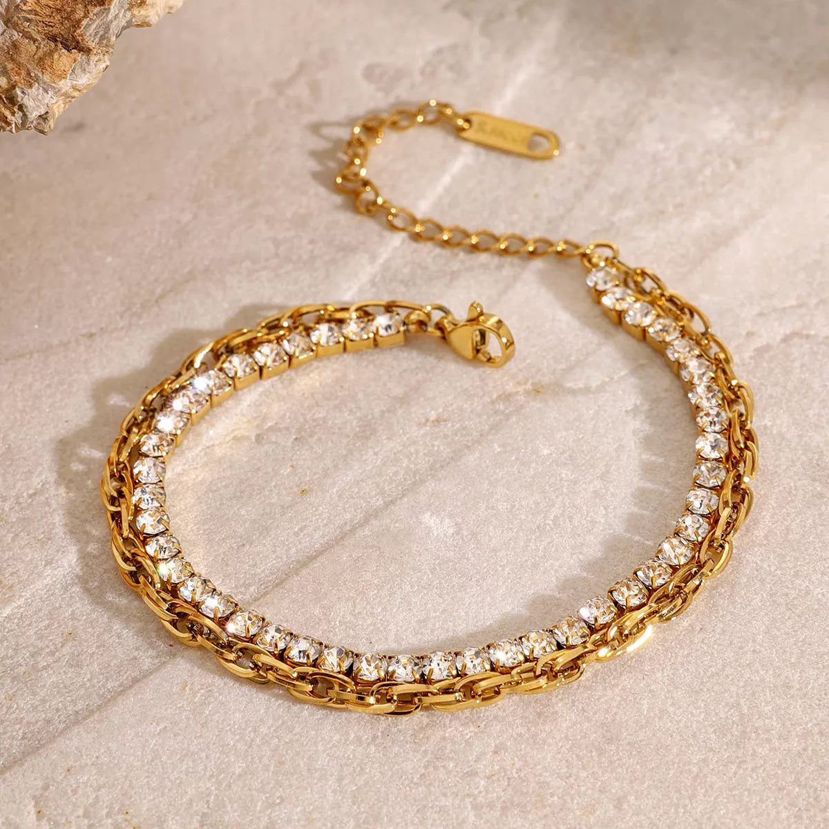 18K gold-plated rhinestone double layered bracelet with adjustable chain length