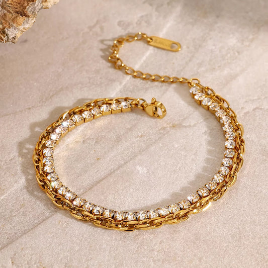 18K gold-plated rhinestone double layered bracelet with adjustable chain length