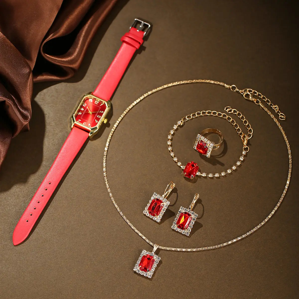 Leather Women’s Watch Square Quartz Watch Korean Necklace Earrings Ring Set