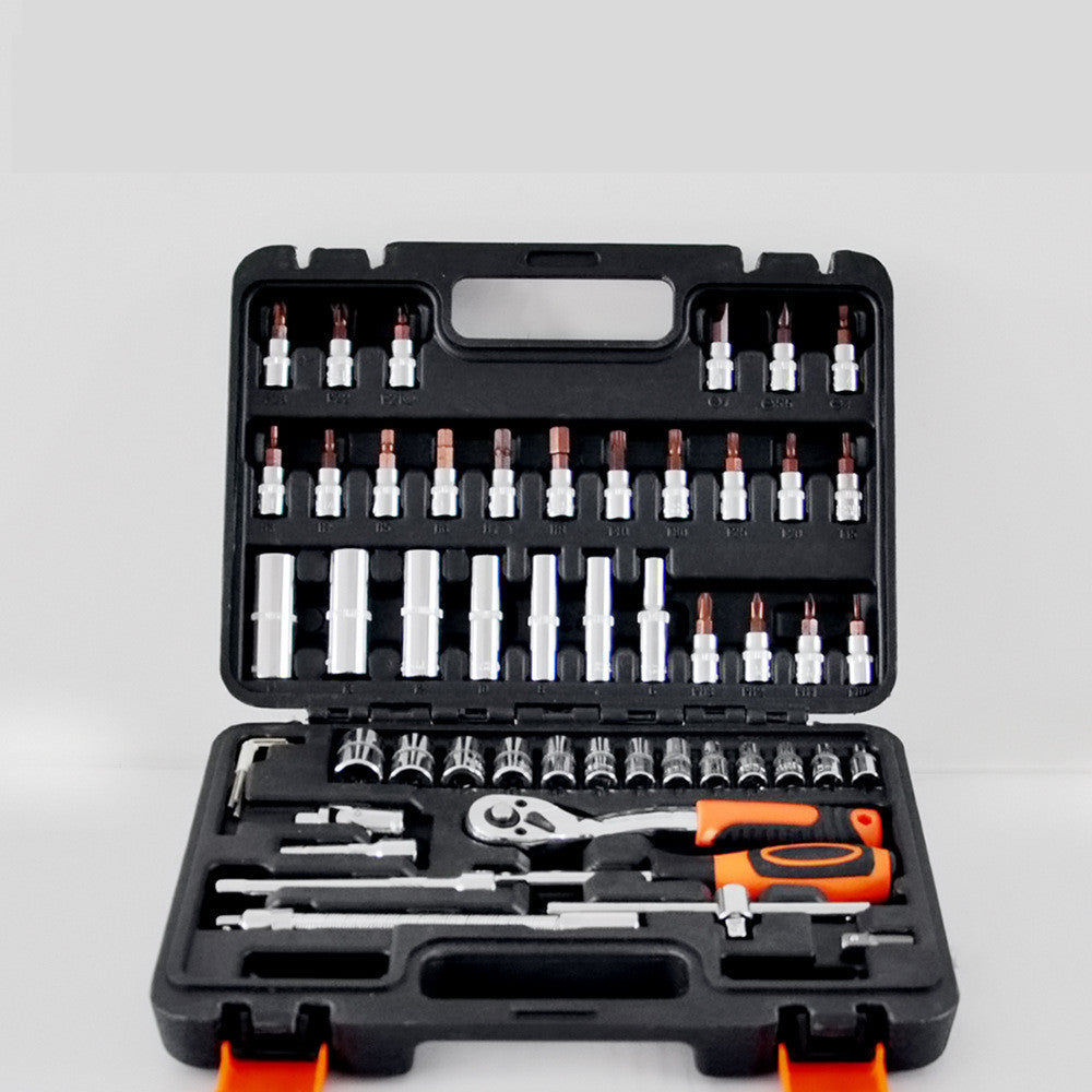53-piece auto maintenance tools kit in black case, featuring chrome vanadium steel construction, ideal for household and mechanical repairs.