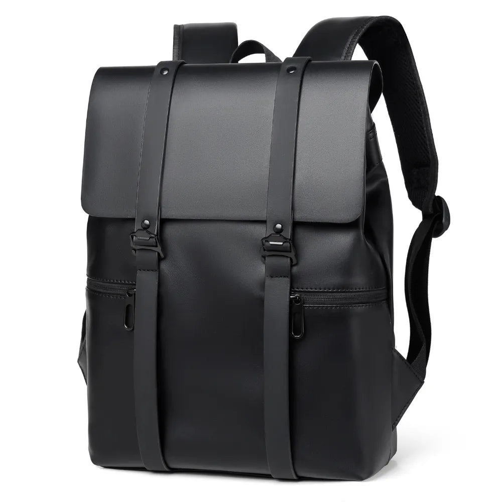 Black PU leather adjustable strap medium backpack bag with flap closure and zippered pockets