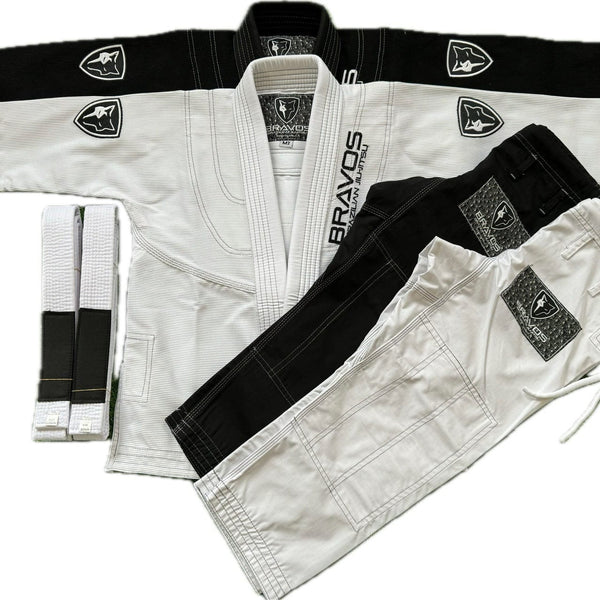 Brazilian Jiu-jitsu Gear in white and black with matching belt, ideal for competition training.