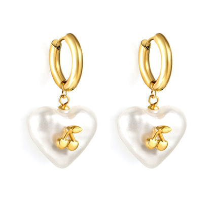 Versatile Personality Stainless Steel Circle Cherry Heart Pearl Earrings