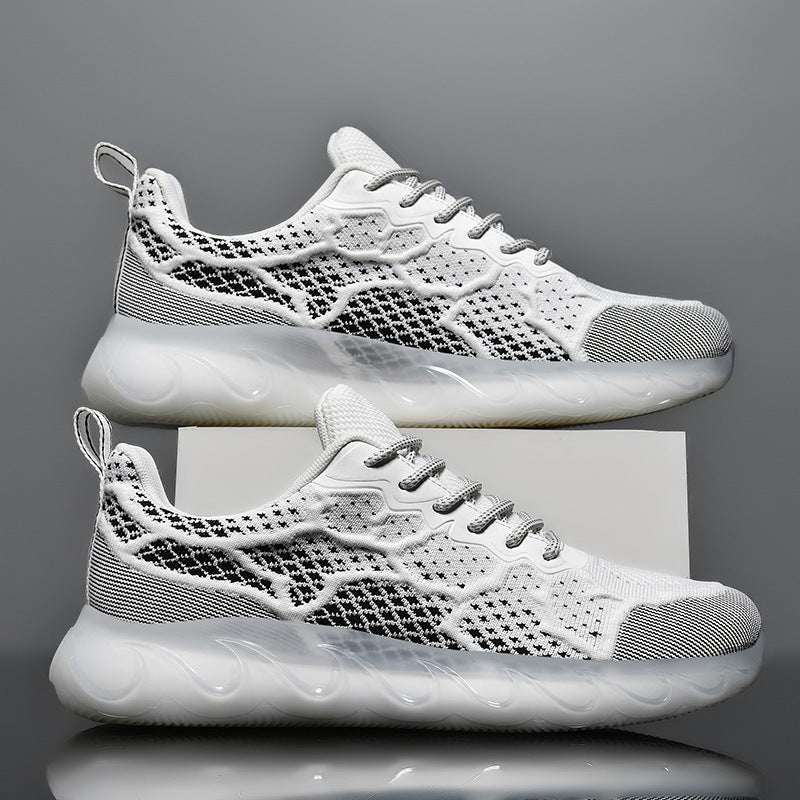 Men’s fashion casual fly woven mesh shoes in white, featuring a round head style and TPU sole.