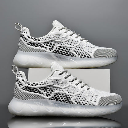 Men’s fashion casual fly woven mesh shoes in white, featuring a round head style and TPU sole.