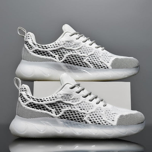 Men’s fashion casual fly woven mesh shoes in white, featuring a round head style and TPU sole.