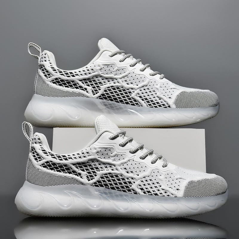 Men’s fashion casual fly woven mesh shoes in white, featuring a round head style and TPU sole.