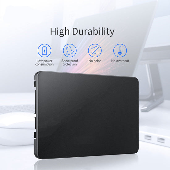 2.5 inches high speed solid state drive with high durability features displayed, suitable for notebooks and desktops.