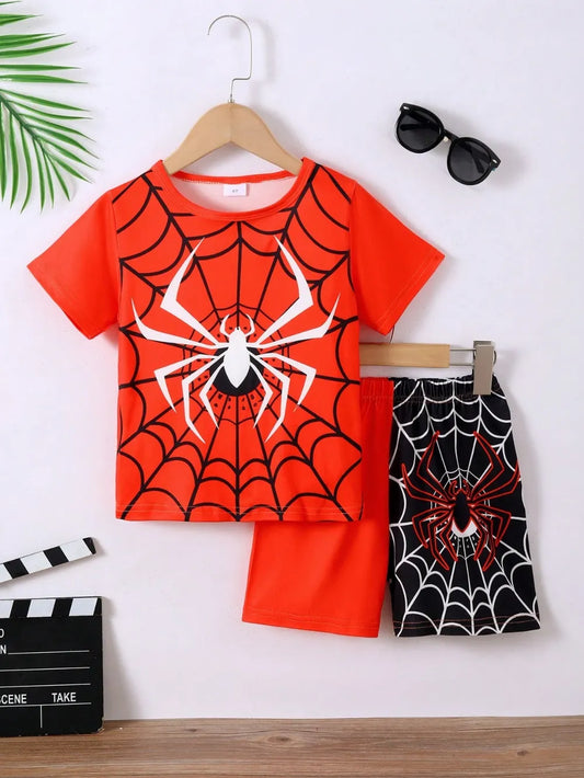 Children's spider round neck short sleeve t-shirt and pants set with spider web design