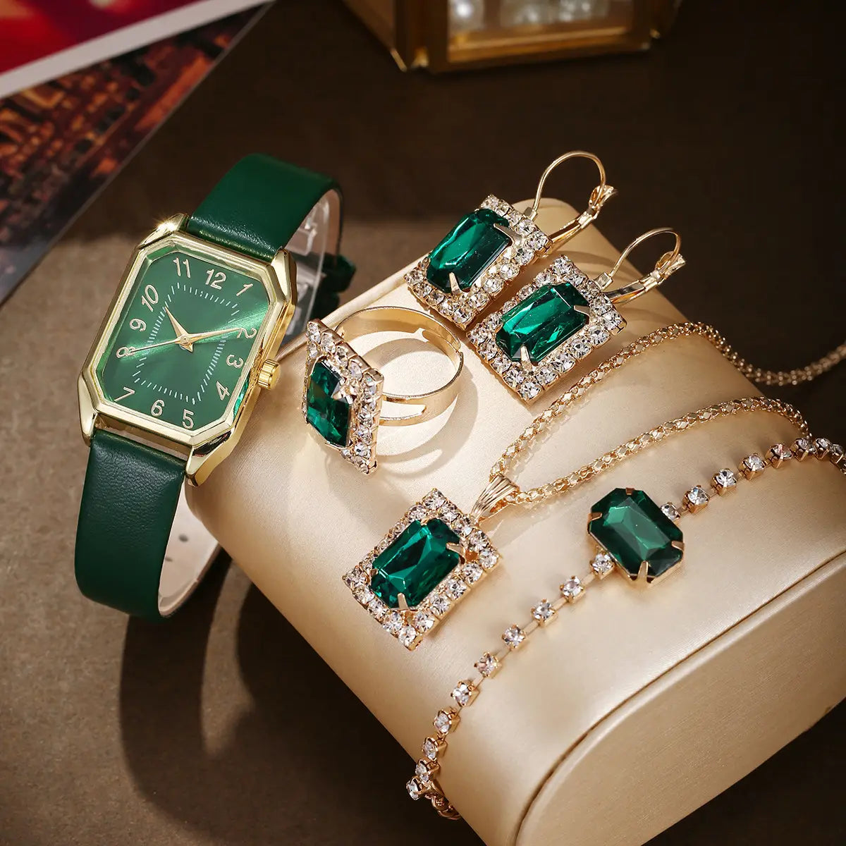 Leather Women’s Watch Square Quartz Watch Korean Necklace Earrings Ring Set