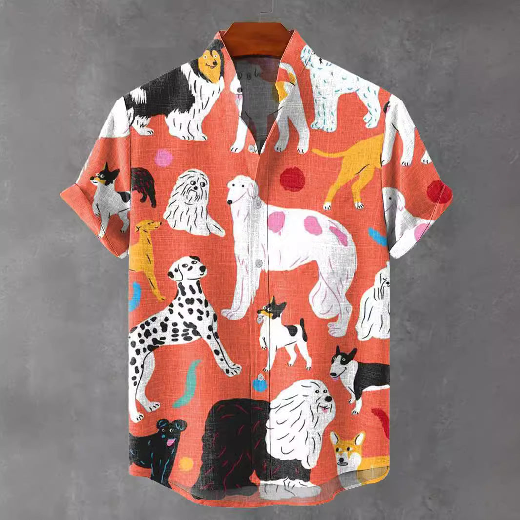 Hawaiian printed short-sleeved shirt with dog illustrations, vibrant colors.