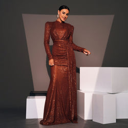 Long sleeve round neck sequined banquet dress.