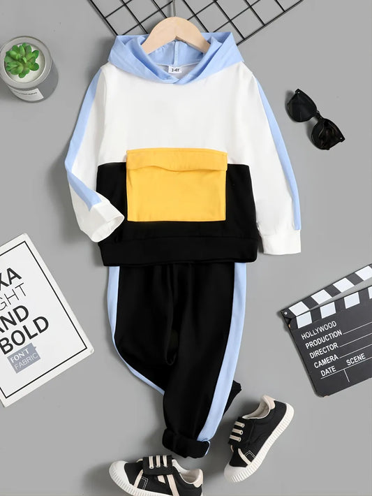 Children's color block hoodie with yellow pocket and matching black pants set
