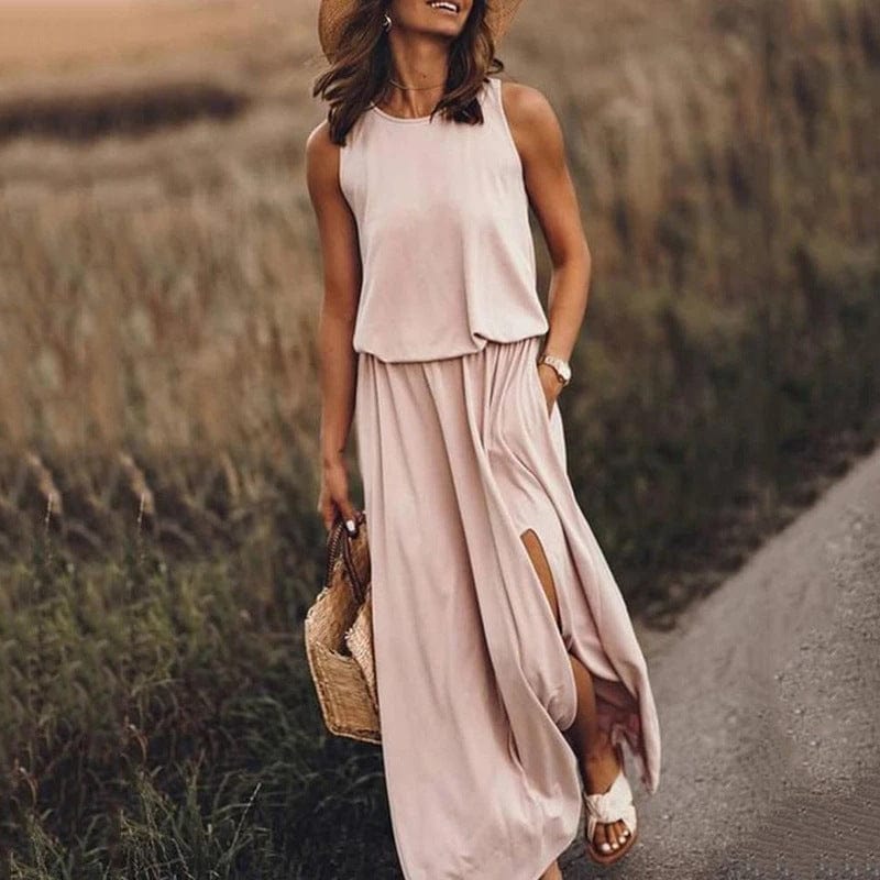 Round Neck Sleeveless Split Solid Color Dress