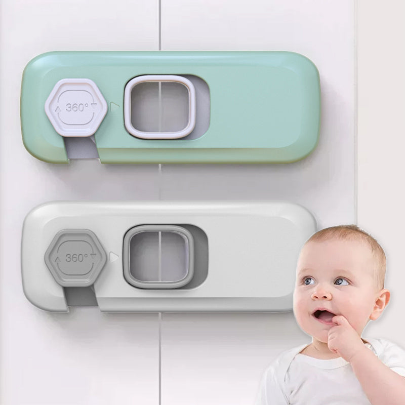 Home Refrigerator Lock in light gray and green securing fridge doors for child safety.