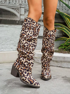 Leopard Point Toe Block Heels Boots
