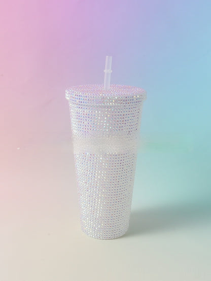 Stick-on Crystals Double-layer Large Capacity Cup With Straw