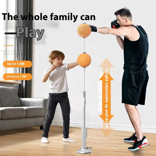 Child and adult practicing with vertical boxing reaction speed ball for family fitness.