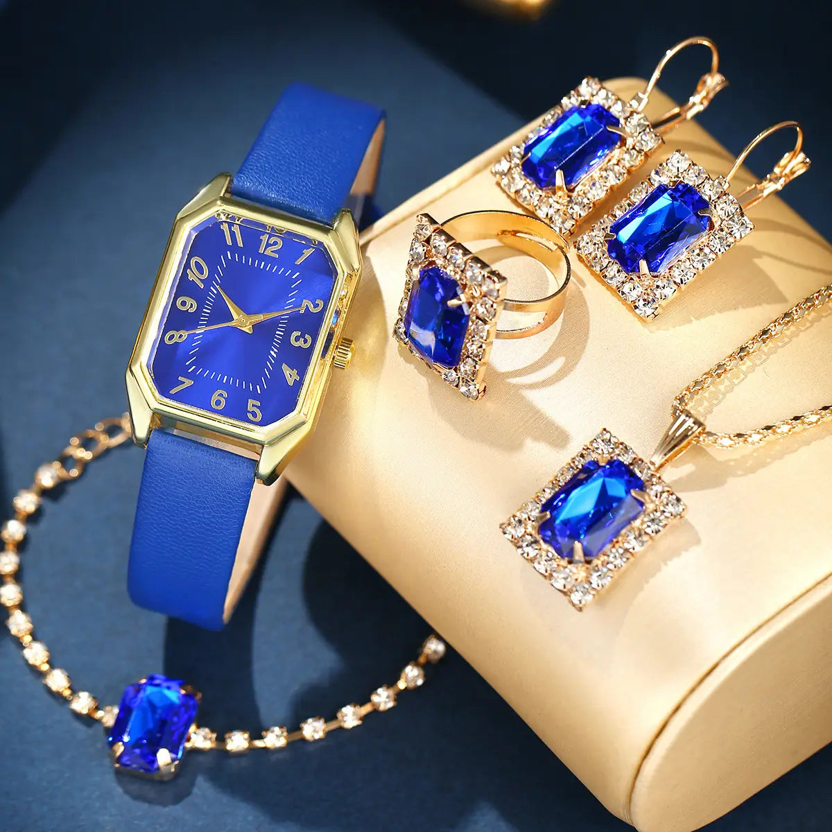 Leather Women’s Watch Square Quartz Watch Korean Necklace Earrings Ring Set