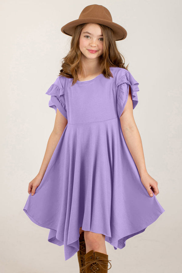Girl wearing purple round neck petal sleeve dress with ruffle detail and brown hat