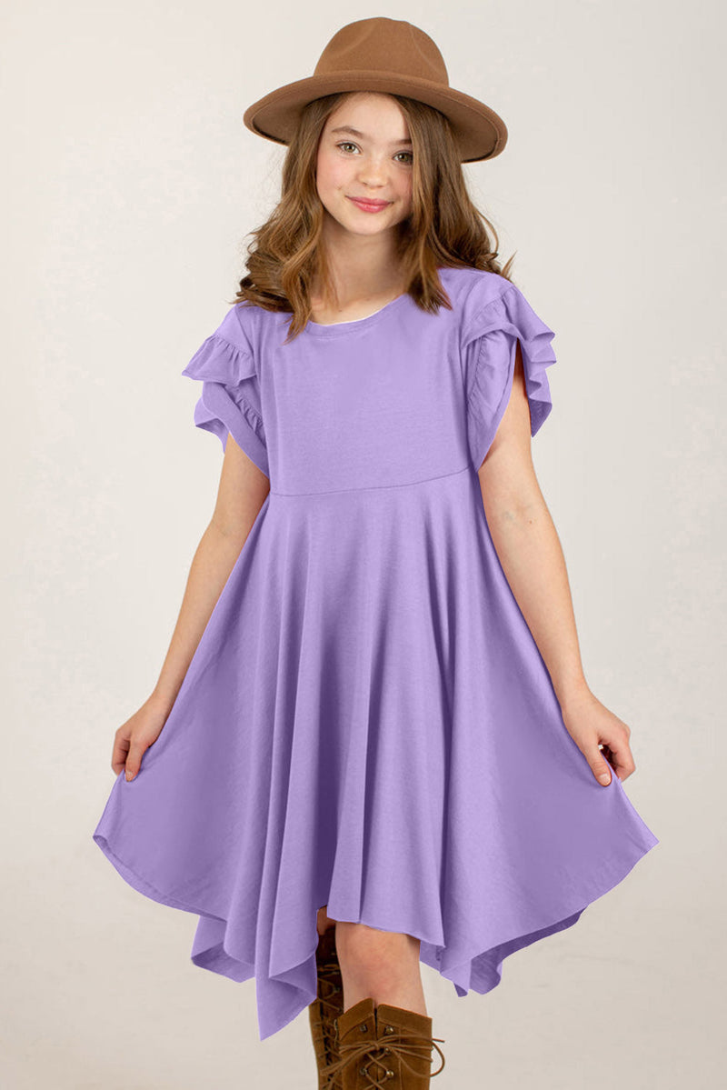 Girl wearing purple round neck petal sleeve dress with ruffle detail and brown hat