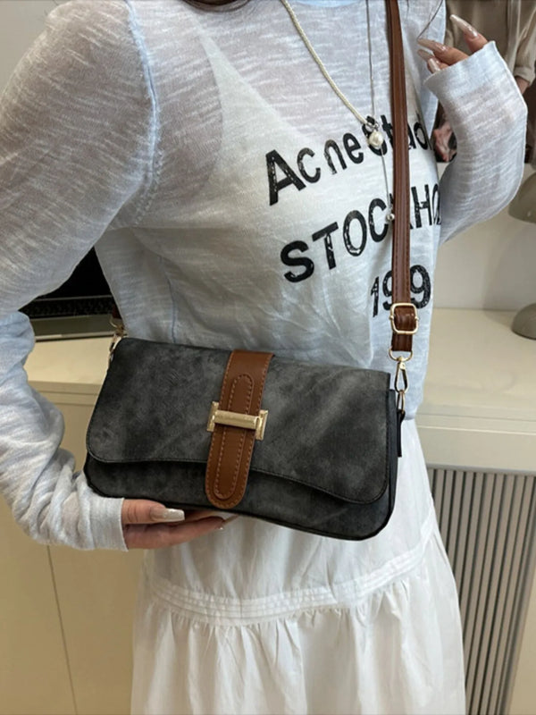 Small crossbody bag with leather buckle strap in brown and gray PU leather materials