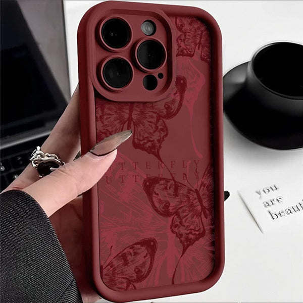 جراب هاتف بتصميم فراشة أحمر نبيذي للفتيات