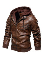 Men's full size zip up hooded jacket with drawstring, brown thick PU leather, zippered and pocketed design