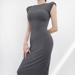 Women's fashion slim-fit sheath dress, backless, cotton, high waist, in carbon gray.