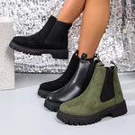 Elastic side panels ankle boots in black, olive green, and black leather with mid heels and rugged soles