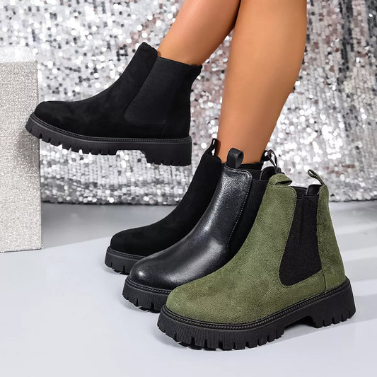 Elastic side panels ankle boots in black, olive green, and black leather with mid heels and rugged soles