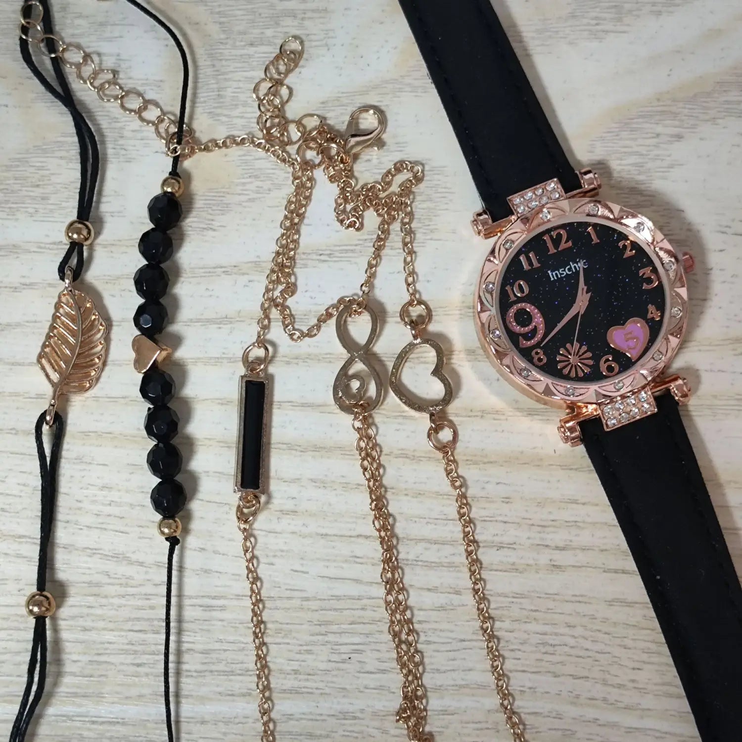 Women’s Diamond Dial Belt Quartz Watch Beaded Bracelet Suit