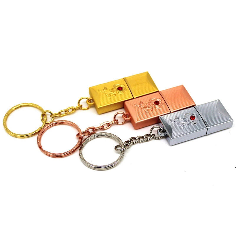 Bright and gorgeous jewelry crystal USB flash disks with metal shell and keychains in gold, rose gold, and silver colors.