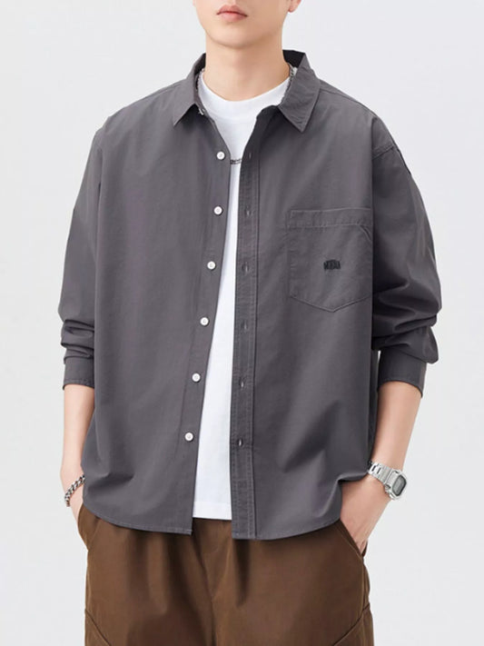 Men's plus size button up long sleeve oversized gray shirt with front pocket