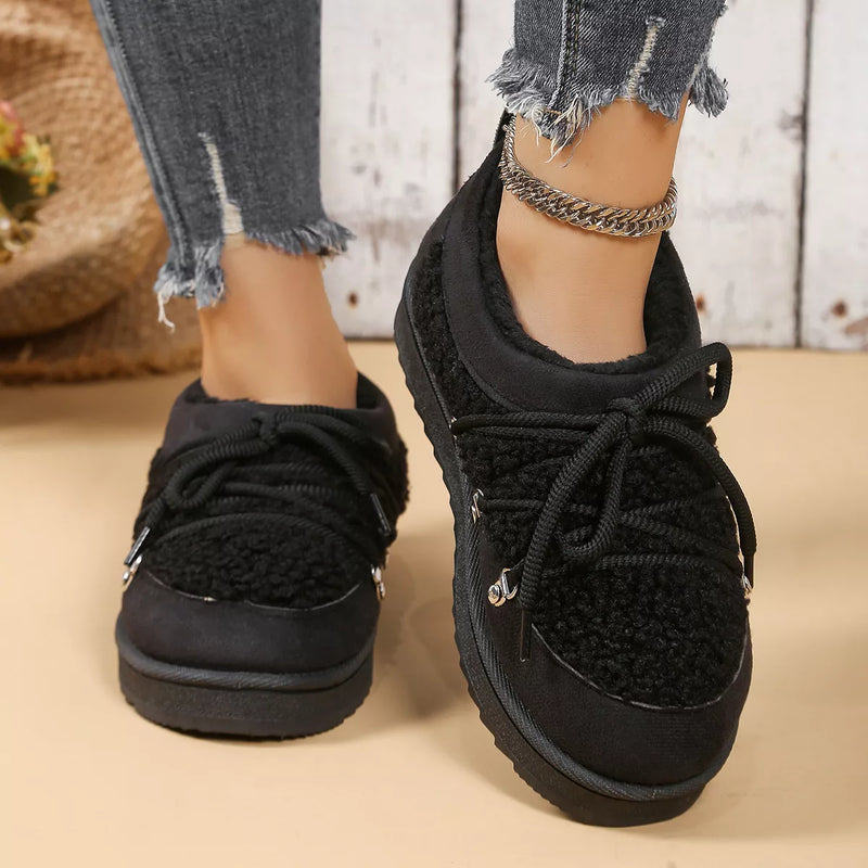 Black lace up round toe platform ankle boots with low heels and fluffy lining made of PU leather and rubber outsole