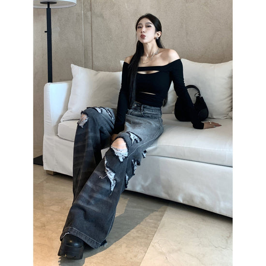渐变色大破洞辣妹阔腿牛仔裤