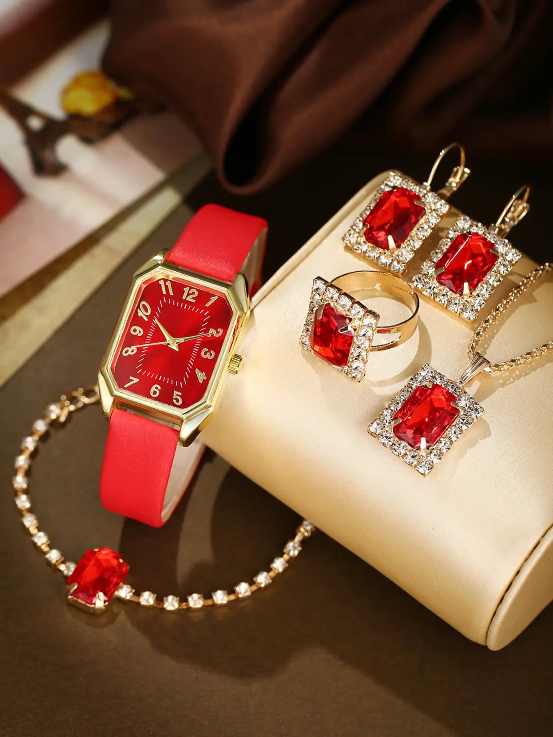 Leather Women’s Watch Square Quartz Watch Korean Necklace Earrings Ring Set