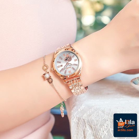 Women's fashion casual waterproof watch with alloy strap, Roman numeral rhinestones, and luminous dial.