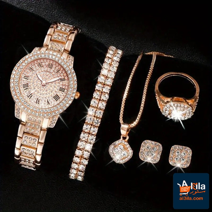Women's diamond fashion Roman quartz watch set in rose gold with bracelet, necklace, earrings, and ring on a black background.