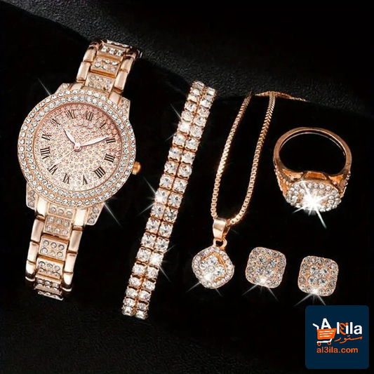 Women's diamond fashion Roman quartz watch set in rose gold with bracelet, necklace, earrings, and ring on a black background.