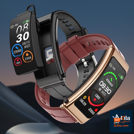 K13 Headset Smart Touch Waterproof Bluetooth Bracelet in black and brown leather, displaying TFT screens with health metrics.